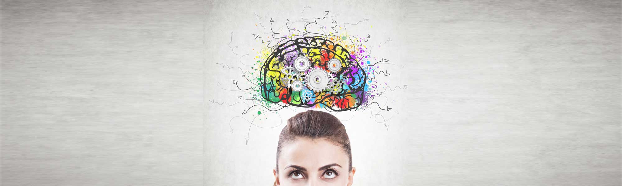 A woman having a creative brain graphic on top of her