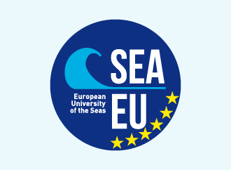 SEA EU European University of the Seas on a blue cirle with a graphic representing a wave (cyan) and 6 yellow stars