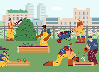 Community garden on roof of apartment building flat style, vector illustration. People take care of plants in flower beds, water greens, trim bushes.