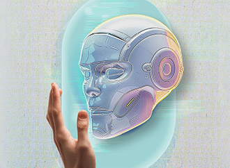 Abstract design - a hand holding an AI generated face