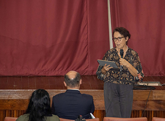 Professor Frances Camilleri-Cassar during the book launch and the front cover of the book