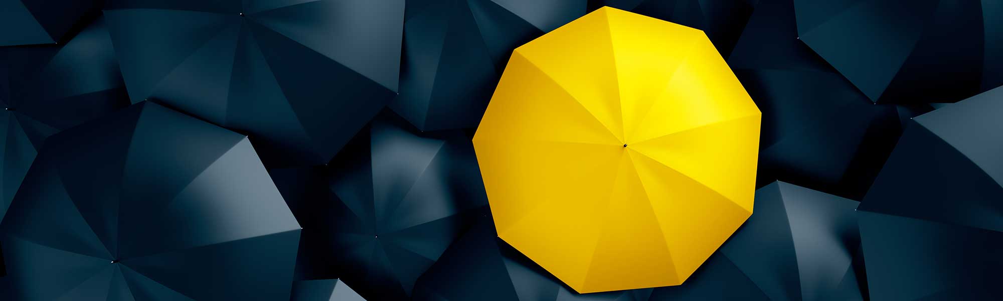 Different, unique and standing out of the crowd yellow umbrella. 3D Illustration