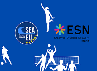 SEA-EU logo, ESN logo, white silhouettes in a sports context on a blue background