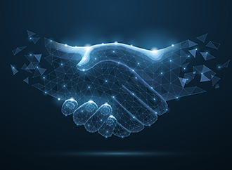 Abstract handshake isolated on blue background. 