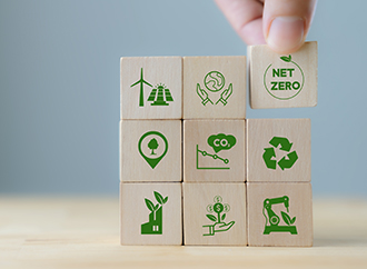 Net zero and carbon neutral concept. Net zero greenhouse gas emissions target. Climate neutral long term strategy. Hand put wooden cubes with green net zero icon and green icon on grey background.
