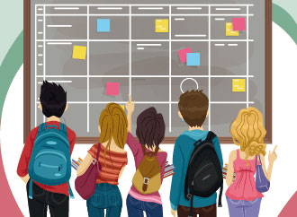 Graphic with students looking at Noticeboard