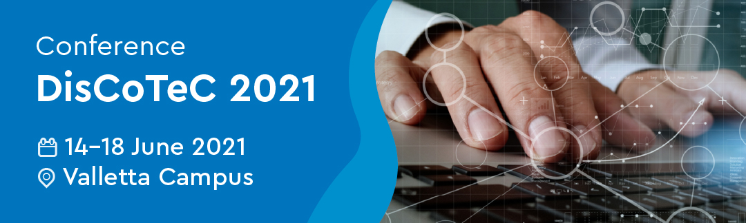 	Person using Computer;Discotec 2021 Conference; 14-18th June 2021; Valletta Campus