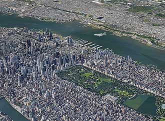 A plane making an emergency landing; a city 