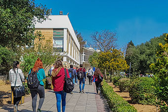 Msida campus with students walking along Vjal Tessie Camilleri