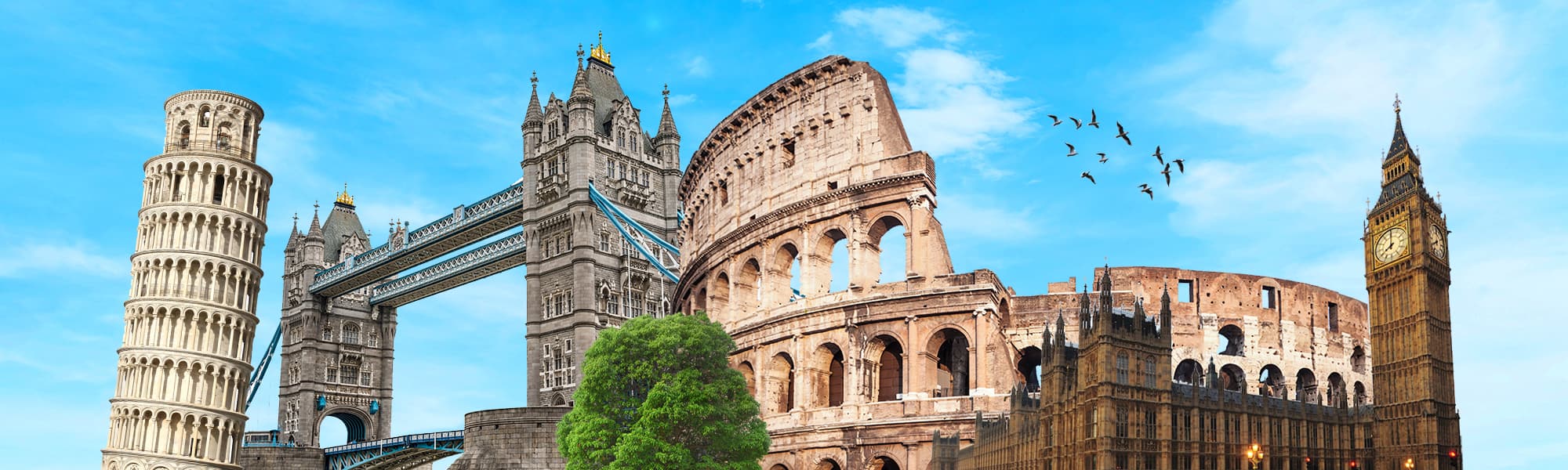 Tower of Pisa, London Bridge, Colosseum, Houses of Parliament and Big Ben