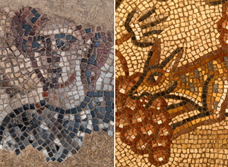 The Israelite Commander Barak depicted in the Hoqoq Synagogue mosaic. Fox eating grapes depicted in Hoqoq Synagogue mosaic