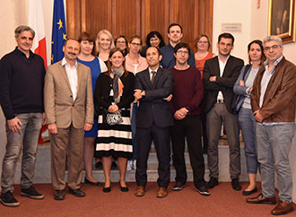 Group photo - Photo shows Dr Wilfried Marxer (Director, LI) and UM Pro-Rector Professor Godfrey Baldacchino (on behalf of UM), first and second from left respectively, with the other project partners