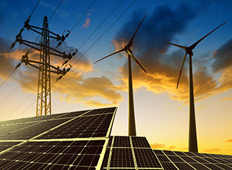 solar panels, wind turbines, electricity pylon