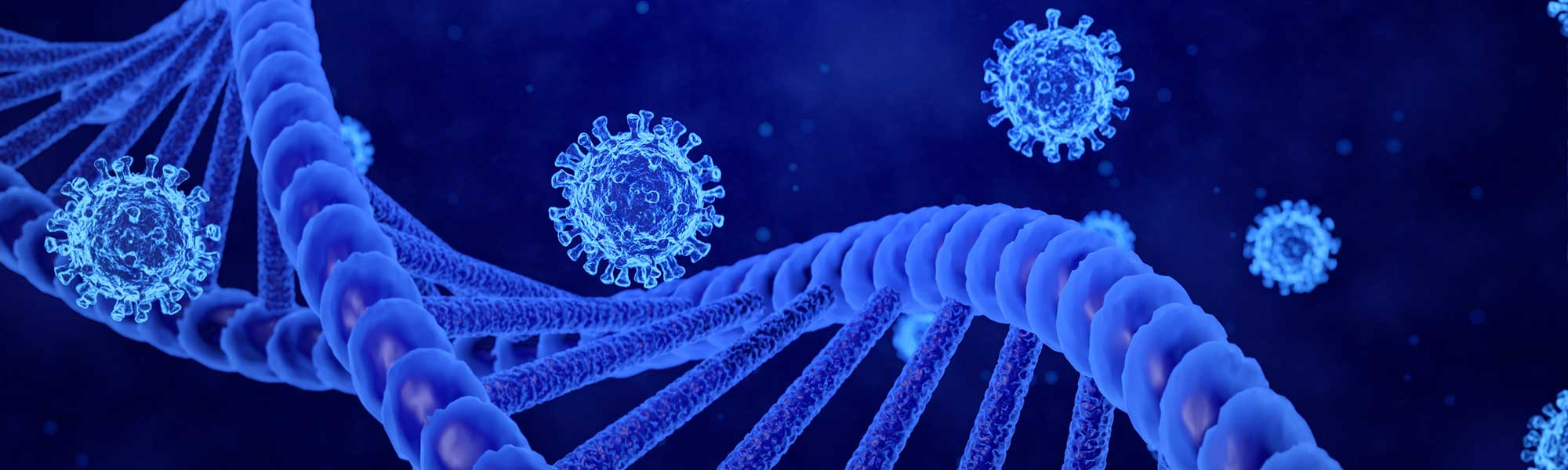 3D rendering COVID-19 and DNA helix models moving in abstract blue background