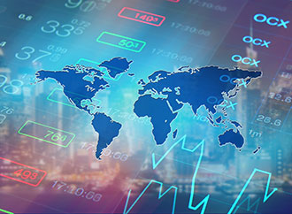 Economy background with abstract stock market graph, tickers, financial data and blue world map