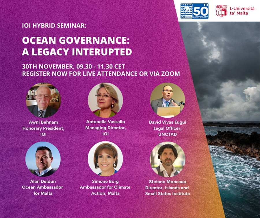 Event poster with photos and name of speakers, picture of the sea, the IOI logo and the UM logo