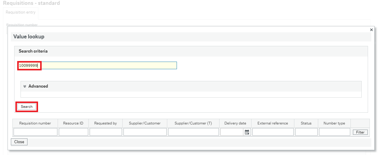 Requisition search - Value lookup window
