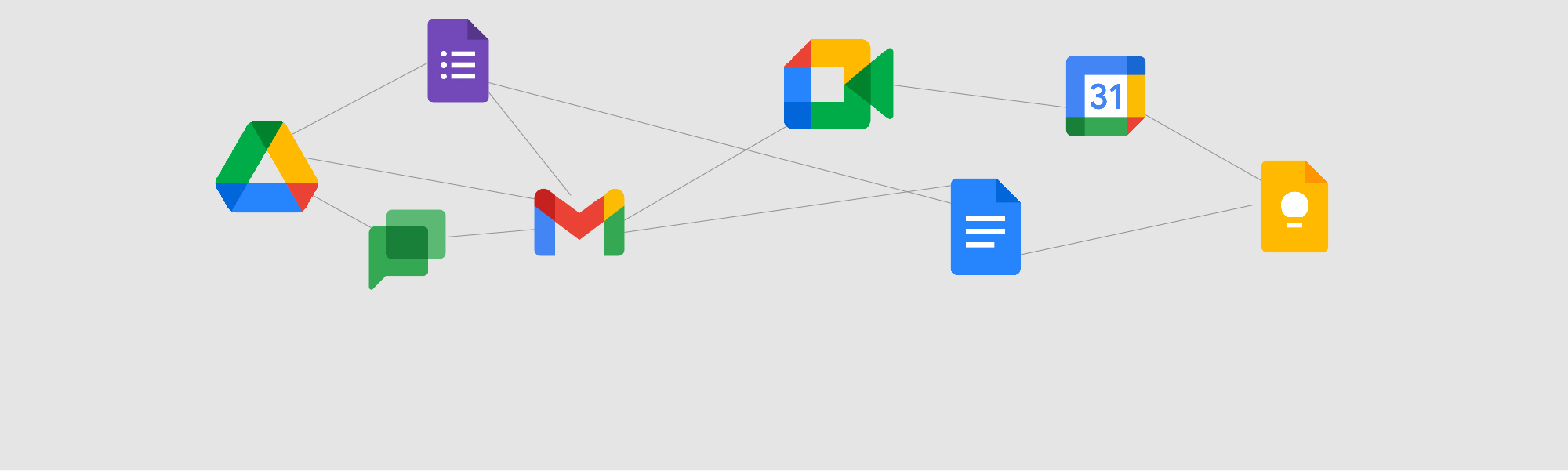 Google Workspace services icons connected together in a web like form