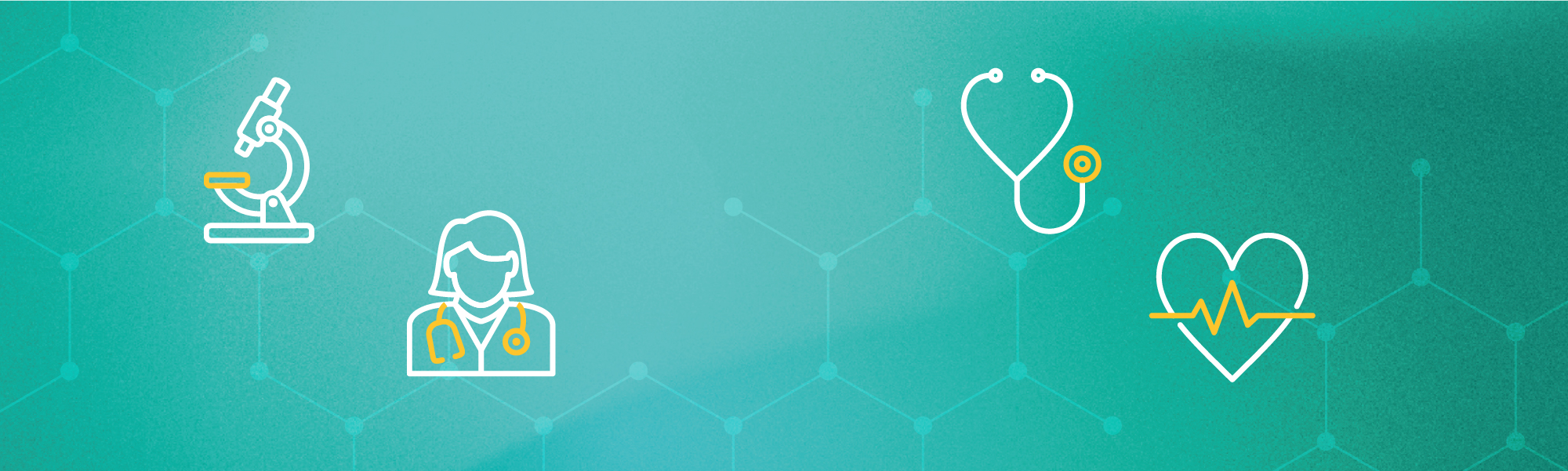 Icons denoting medical science concepts on an bluish green background