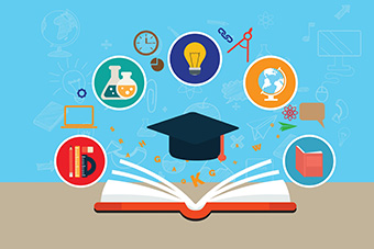 Education infographics: open book, graduation cap, educational icons,