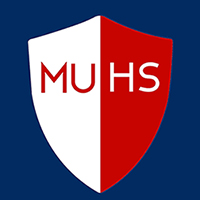 A white and red badge, with the text MUHS, on a blue background