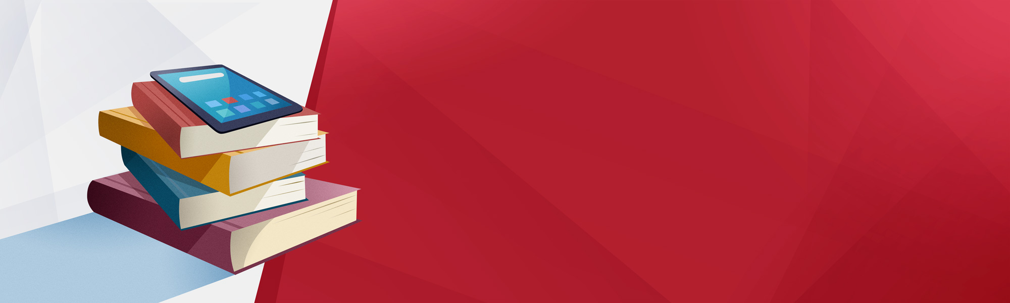 A tablet and books on a white and red background