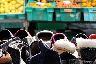 Shoes stall and vegetables stall at the market