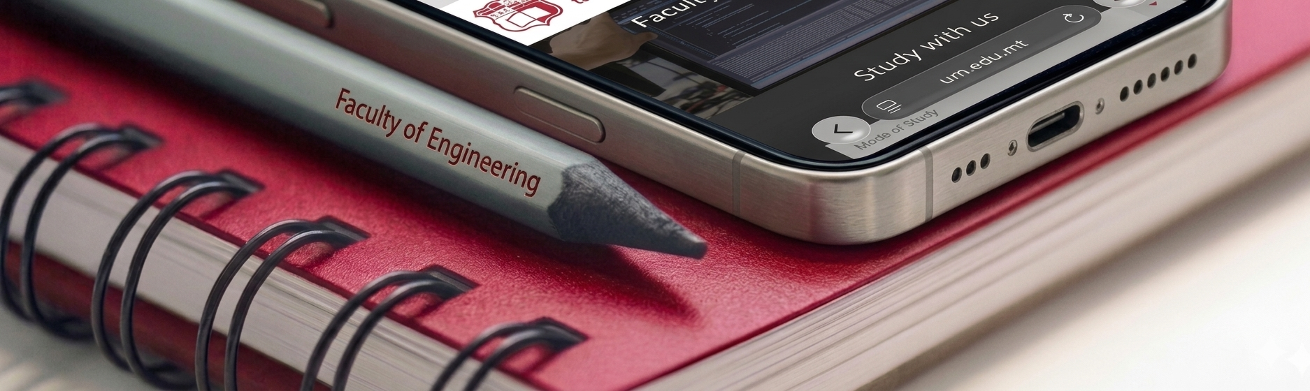 Closeup Photo of a Smartphone showing the homepage of the Faculty of Engineering website Near a Black and Grey Pencil on a Red Spiral Notebook.