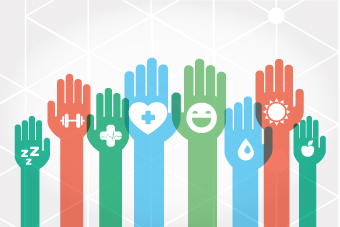 hands in different colours with icons related to medicine on each palm