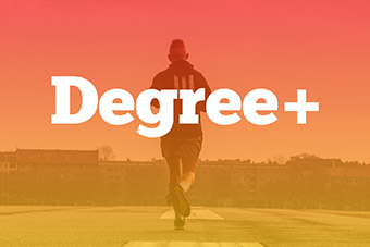 A runner on an orange-yellowish background with the Degree+ logo in the foreground