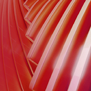 Abstract image featuring curved, layered red and orange shapes