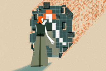 Illustration of a person interacting with binary code.