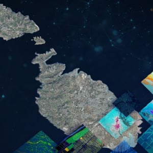Satellite view of Malta surrounded by colourful square overlays showing different map data visualisations