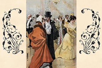 Illustration of elegantly dressed men and women socialising at a 19th-century ballroom gathering.