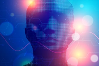 Digital abstract face made of pixelated dots with colourful light effects