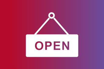 Open in capital letters on a white hanging sign on a coloured background