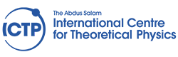 ICTP in a blue lined open circle with a dot and the text The Abdus Solam International Centre for Theoretical Physics