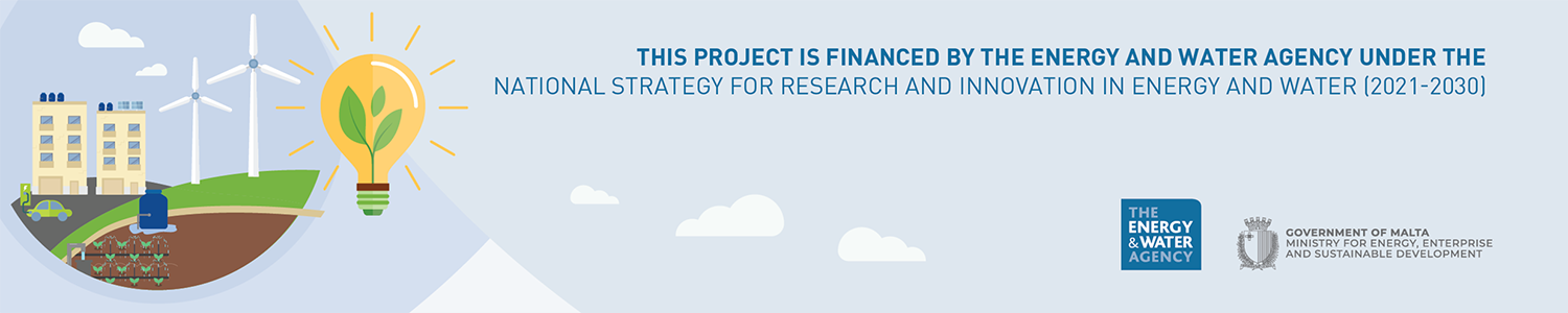 This project is financed by the Energy and Water Agency under the National Strategy for Research and Innovation in Energy and Water [2021-2030] Picture of building and wind turbine, a light bulb; Logo of The Energy & Water Agency; Malta Government logo