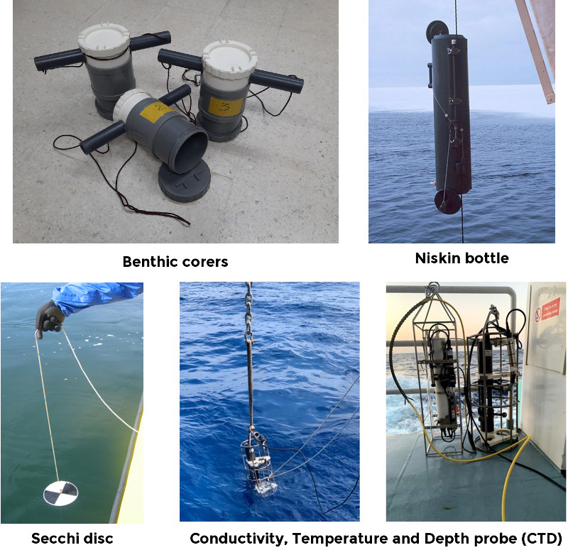 Image showing benthic corers, Niskin bottle, Secchi disc and conductivity, temperature and depth probes