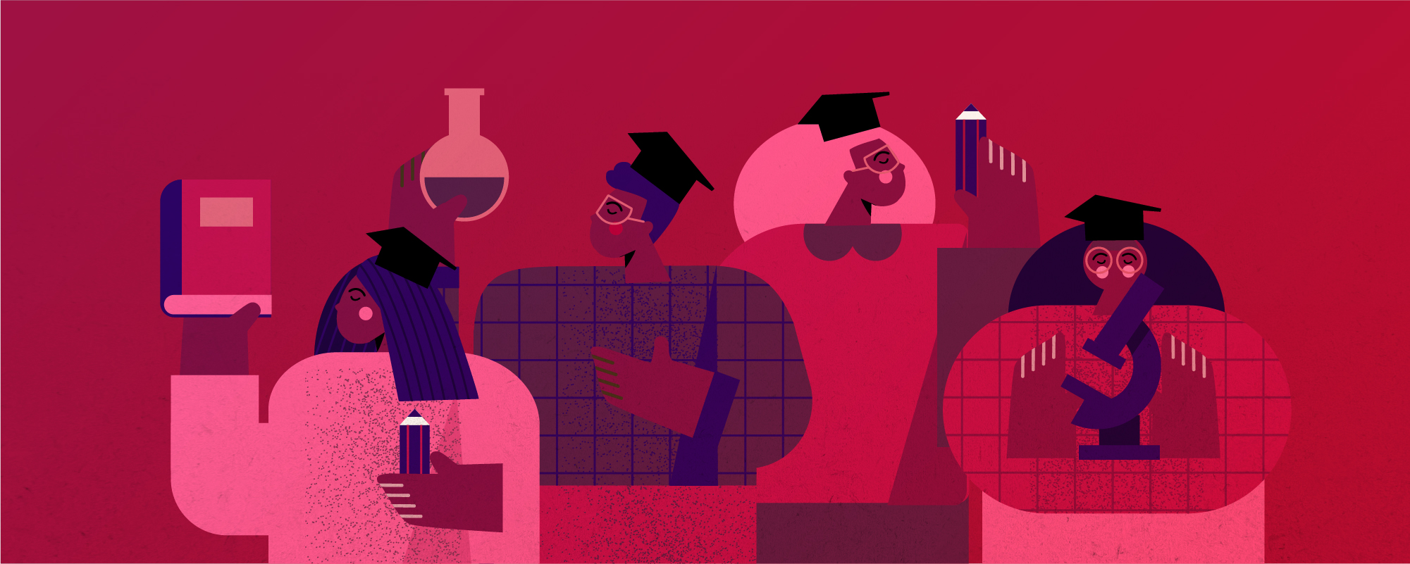 Students with graduation caps on a dark pink background