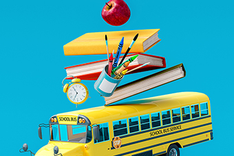 An apple, books, stationery, a clock, a bus