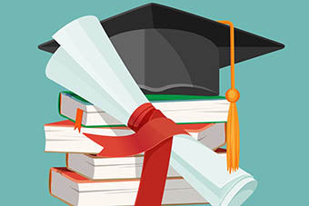 Degree scroll on background of pile of books and black graduation cap with tassel