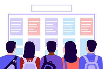students looking at a noticeboard